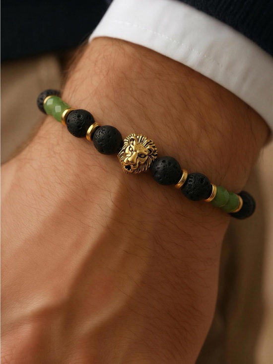 Handmade Other - Men's Black and Green Beaded Bracelet with Gold Accent
